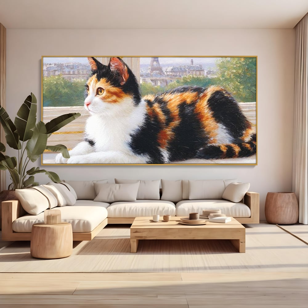 Tablou canvas cu pictura cu pisica calico si turnul eiffel, in rama de aluminiu auriu, pe perete intr-un living